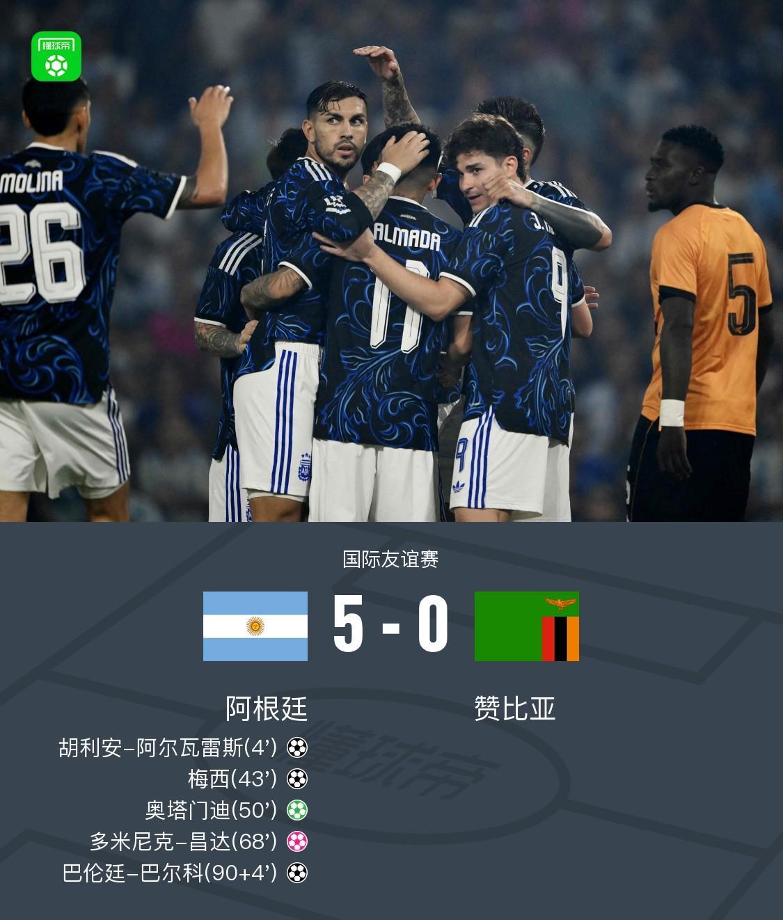 九游官方平台-阿根廷5-0赞比亚，梅西传射，阿尔瓦雷斯破门，奥塔门迪点射